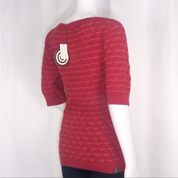4 Funky Flavours Red & Orange Stripes Scoop Neck Open Knit Diamond Sweater SzXS - Picture 7 of 16